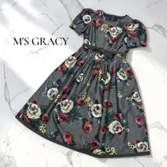 美品✨エムズグレイシー ワンピース 花柄 モノトーン リボン ひざ丈 38