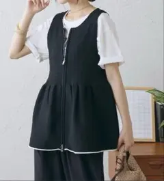 チャオパニックティピースポンディッシュWZIPペプラム配色ニットベスト　ブラックのサムネイル