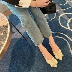 ローヒール リボン付 パンプス セレモニー ツイード 白 23.5cm D572