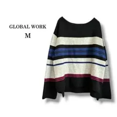 【GLOBAL WORK】マルチボーダーニットセーター　ボートネック　黒　M