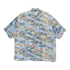 USA 古着 レーヨン アロハシャツ ハワイアンシャツ ヤシの木 総柄 ブルー