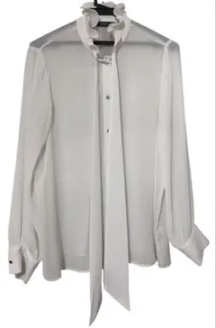 フリル・ボウタイ付きシースルー長袖ブラウス　ホワイト