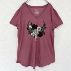 カウスカル バラ Tシャツ 半袖 Vネック ピンク レディース 古着 XL LL