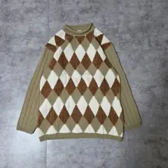レディース ベージュ長袖ニット アーガイル柄 セーター 古着 トップス
