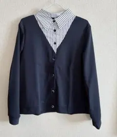 ⭐︎ レディース 長袖 ストライプシャツ vネックカーディガン 2XL ネイビー