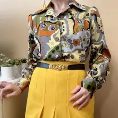 ヴィンテージ レトロ古着 パッチワーク風ガーデン花柄シャツ アート柄渋めカラー ヴィンテージ レトロ古着 パッチワーク風ガーデン花柄シャツ アート柄