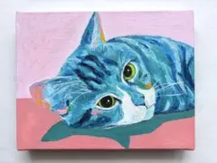 キャンバス油絵 サーフィンを成功させたにゃんこさん♪ - メルカリ