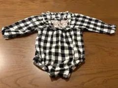 70 ベビー チェック柄 トップス フリル 花刺繍 長袖