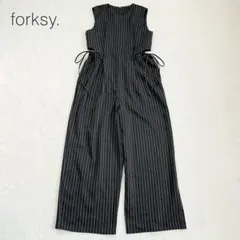 3【美品】ビアズリー リネン混 ストライプ ノーカラーオールインワン 