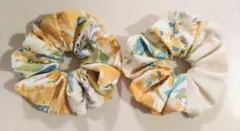 ハンドメイドシュシュ★フラワー柄イエロー2個セット