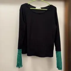 ブラック/グリーン 透け感長袖カットソー