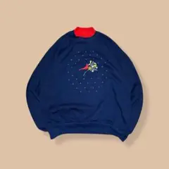 90sレトロ古着小鳥と花刺繍スウェットトレーナーネイビーオーバーサイズUSA製L