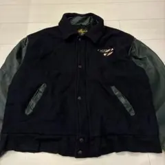 80sヴィンテージ USA製 スタジャン ウール 袖革 本革 グリーン ブラック