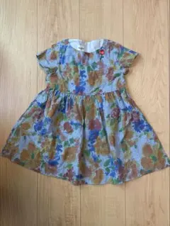 ファミリア　90 ワンピース　女の子　水色　ギンガムチェック　お花柄
