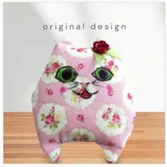 ハンドメイド 猫のブローチ 花柄 ピンク