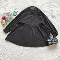 クリア ブラウス 長袖 プリーツ切替 バンドカラー F 洗える ペプラム 黒のサムネイル