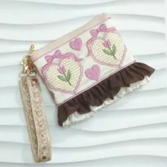 インド刺繍 ハート＆チューリップ ストラップ付きミニポーチ ハンドメイド