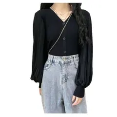 新品/匿名/レディース 長袖ニットブラウス 身頃ニット袖プリーツ ショート丈M位