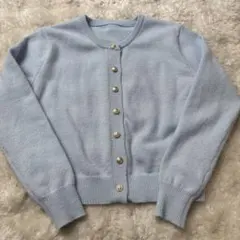 金ボタン ニットカーディガン クルーネック ライトブルー