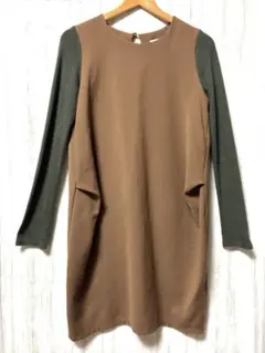 秋冬ワンピース　ブラウン　長袖　コクーンシルエット　膝丈