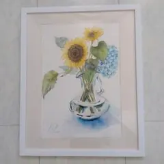 水彩画 fujico『マーガレット.グラス ブーケ 水彩画家 橋本不二子