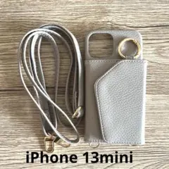 iPhone13mini ケース 合皮 ストラップ　鏡　カード