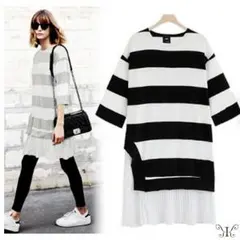 大きいサイズ☆ボーダーレイヤード風プリーツチュニック