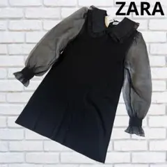 【試着のみ】ZARA 袖シアー襟付きミニワンピース　ブラック　Mサイズ
