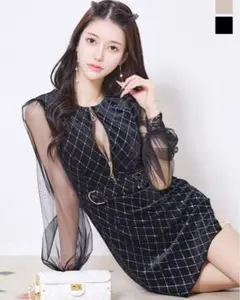 シアースリーブベルベットジップアップタイトミニドレス/キャバドレス