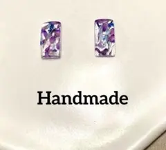 ハンドメイドピアス　長方形アーチ型　ドライフラワー　クリア×むらさき系　レジン