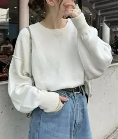 【綿100％で洗える】スウェットライクボリュームスリーブニット　ホワイト