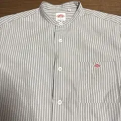 美品ダントン コットンリネンラミー バンドカラー 半袖ストライプシャツ