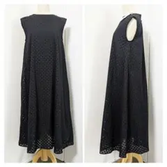 grove ノースリーブ ワンピース Aライン カットワーク ブラック L