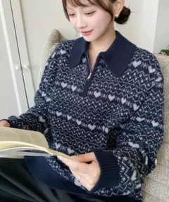 ノルディック柄ダブルジャガードハーフジップポロニットプルオーバー