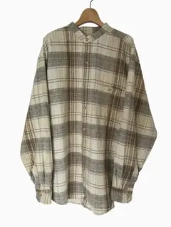 即購入OK‼️古着　リネン　長袖　チェック　ノーカラー　シャツ　ヴィンテージ