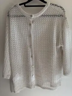 ホワイト メッシュ編み 五分袖ニットカーディガン