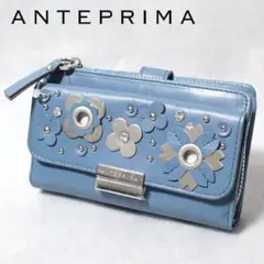 未使用新品 アンテプリマ ラインストーン花柄レザー 二つ折り財布 ブルーのサムネイル