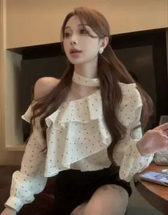 SHEIN ワンショル ドットブラウス ホワイト