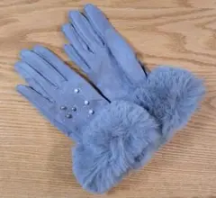ビジュー ファー付き 手袋 グレー レディースクローブ 防寒