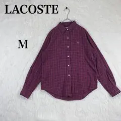【ラコステ】チェックシャツ ワンポイント刺繍ロゴ M レッド系 コットン100％