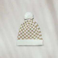 市松模様チェッカー柄ニット帽ホワイトベージュウィンタースポーツアウトドアポンポン