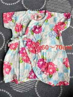 ベビー60〜70 浴衣ロンパース　ピンク花　水色　女の子　綿100%