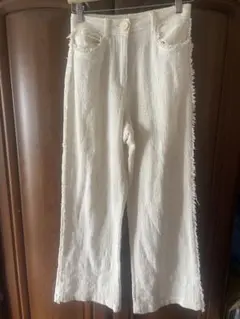 ZARA ザラ ホワイト フリンジ ジャガー フレア パンツ XS