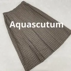 N420＊ アクアスキュータム ウール プリーツスカート ブラウン系 チェック柄