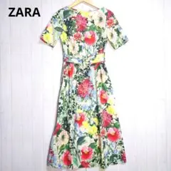 ✩美品✩ ZARA ザラ ワンピース Aライン Sサイズ 花柄 水彩画 ベルト付