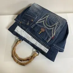 ハンドメイド　デニムリメイク　トートバッグ　バンブー風バッグ　可愛いかっこいい