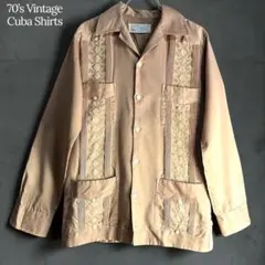 70s Guayabera Shirt Satin キューバシャツ 長袖　S古着