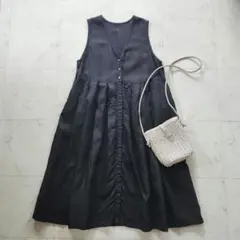 美品 ネストローブ 麻100% リネンタックノースリーブワンピース 黒 日本製