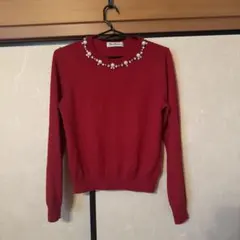 レッド パール装飾 長袖ニットセーターのサムネイル