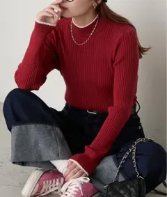 【至福のカヌレニット】配色パイピングハイネックリブニットプルオーバー　レッド